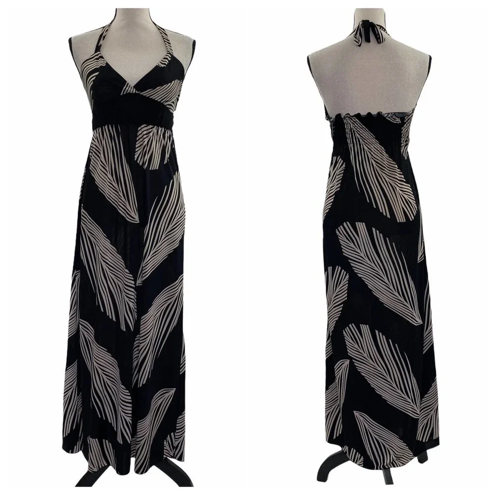SHEN Jie Black Feather Printed Halter Maxi Dress